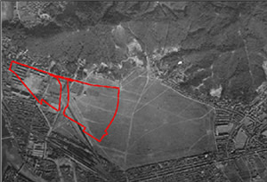 1939年東練兵場付近空中写真に「事業区域界」のイメージ表現