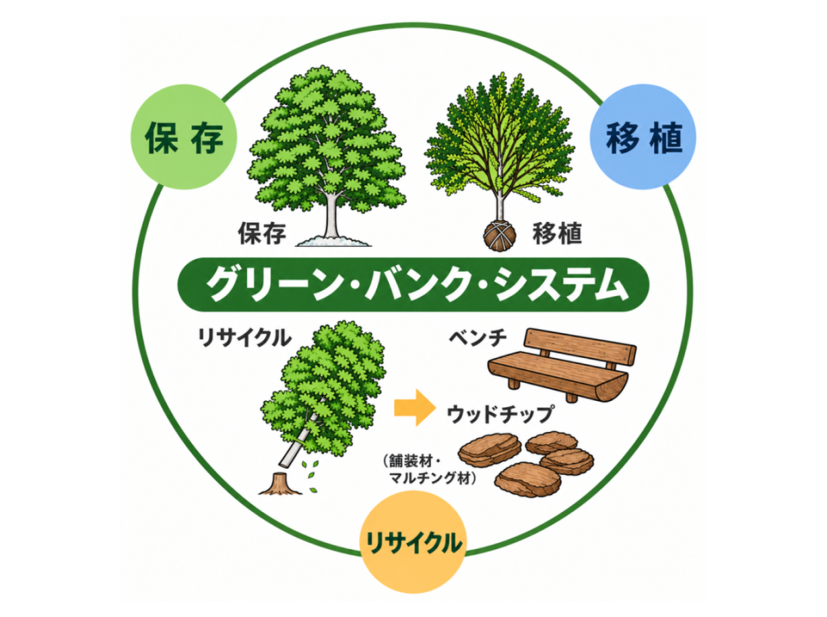 樹木の保存・移植と、伐採木のリサイクル活用を示すグリーン・バンク・システムの図