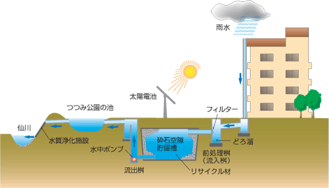 仙川水辺公園の池や仙川の補給水に雨水を利用