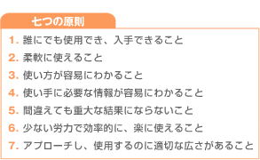 七つの原則 1. 誰にでも使用でき、入手できること2. 柔軟に使えること3. 使い方が容易にわかること4. 使い手に必要な情報が容易にわかること5. 間違えても重大な結果にならないこと6. 少ない労力で効率的に、楽に使えること7. アプローチし、使用するのに適切な広さがあること