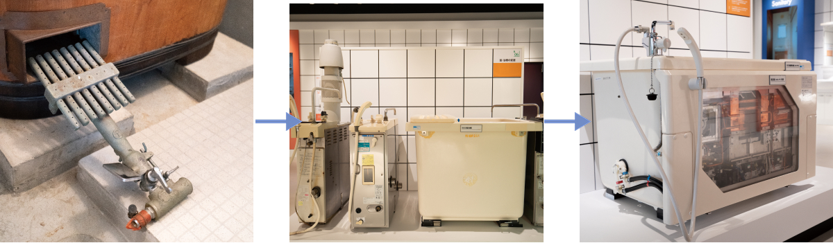 風呂釜の変化の写真 左から制作年代順に木製の浴槽、BF式風呂釜、FF式風呂釜