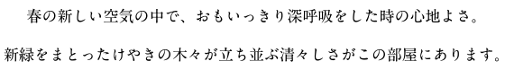 春の新しい空気の中で、おもいっきり深呼吸をした時の心地よさ。新緑をまとったけやきの木々が立ち並ぶ清々しさがこの部屋にあります。