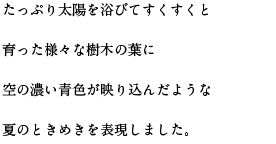 たっぷり太陽を浴びてすくすくと育った様々な樹木の葉に空の濃い青色が映り込んだような夏のときめきを表現しました。