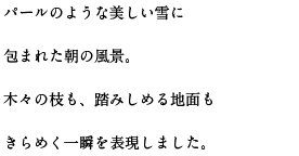 パールのような美しい雪に包まれた朝の風景。木々の枝も、踏みしめる地面もきらめく一瞬を表現しました。