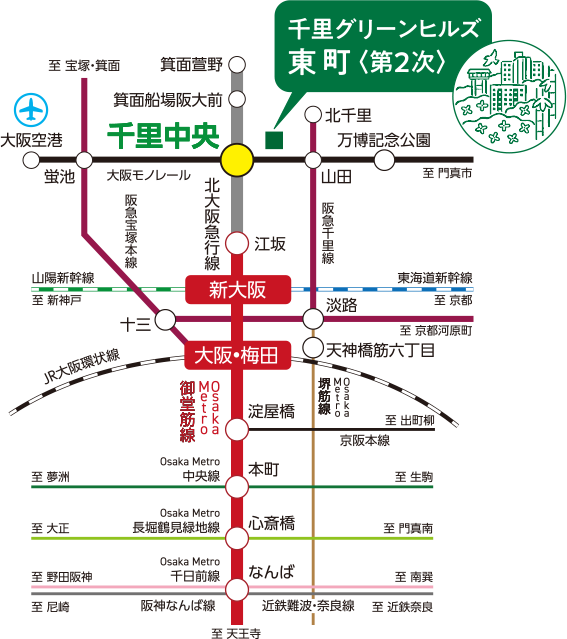 北大阪急行線「千里中央」駅、大阪モノレール「千里中央」駅周辺の路線図。北大阪急行線「千里中央」駅からOsaka Metro御堂筋線「梅田」駅まで直通21分、Osaka Metro御堂筋線「新大阪」駅まで直通14分、大阪モノレール「千里中央」駅から大阪モノレール「大阪空港」駅まで直通14分です。所要時間は通勤時のもので、時間帯により多少異なります。