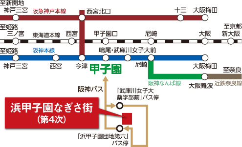阪神本線「甲子園」駅周辺の鉄道・バス路線図。「甲子園」駅へバス7分。「甲子園」駅より浜甲子園なぎさ街へバス2分。「甲子園」駅より阪神本線「神戸三宮」駅まで19分、阪神本線「大阪梅田」駅まで13分※時間帯により所要時間が異なります。