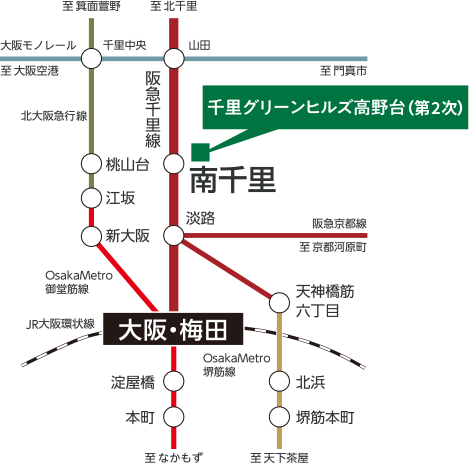 阪急千里線「南千里」駅周辺の路線図。「南千里」駅から阪急「大阪梅田」駅まで25分、Osaka Metro堺筋線「北浜」駅まで26分、Osaka Metro堺筋線「堺筋本町」駅まで28分です。所要時間は平常時のもので、通勤ラッシュ時は多少異なります。