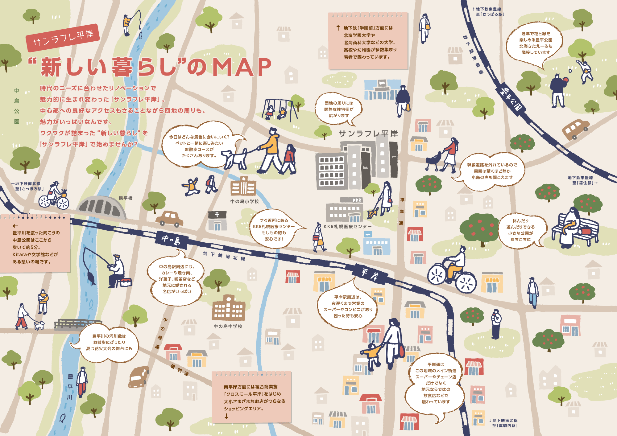 サンラフレ平岸 “新しい暮らし”のMAP。時代のニーズに合わせたリノベーションで魅力的に生まれ変わった「サンラフレ平岸」。中心部への良好なアクセスもさることながら団地の周りも、魅力がいっぱいなんです。ワクワクが詰まった“新しい暮らし”を「サンラフレ平岸」で始めませんか？