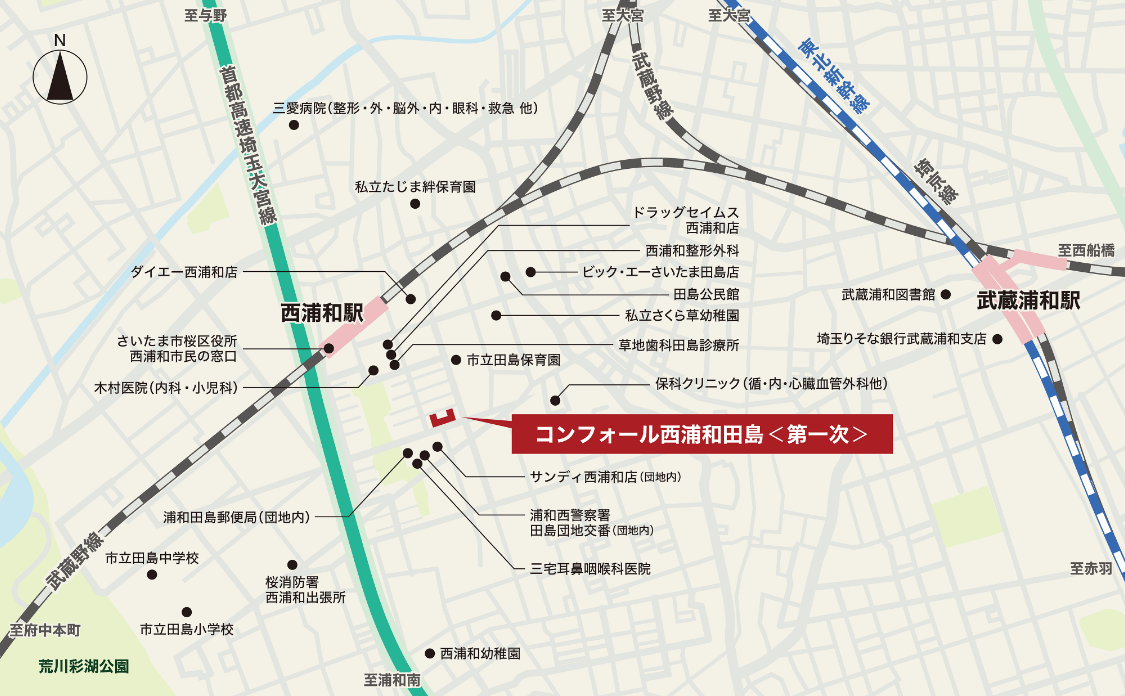 コンフォール西浦和田島＜第1次募集＞の周辺案内図。最寄りはJR武蔵野線「西浦和」駅。周辺にはスーパーやドラッグストア、クリニック、保育園など生活に必要な施設がそろっています。また、団地内にもスーパーや交番、郵便局があるので便利です。