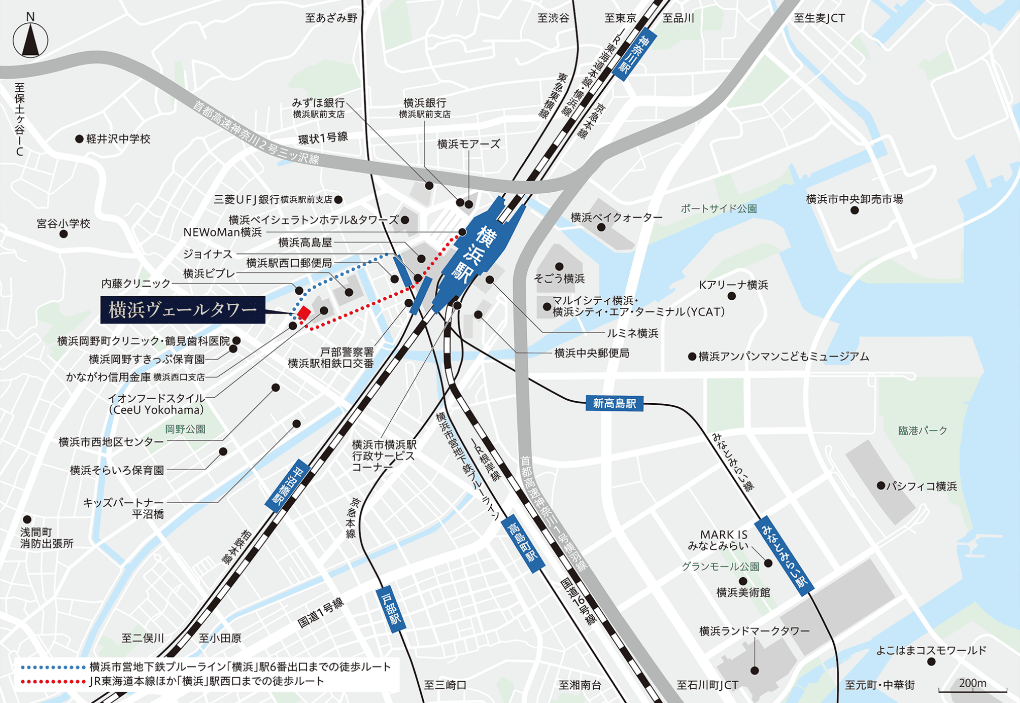 横浜ヴェールタワーの周辺案内図。横浜市営地下鉄ブルーライン「横浜」駅6番出口まで徒歩5分。JR東海道本線・京浜東北線・根岸線・横須賀線・湘南新宿ライン、東急電鉄東横線、京浜急行電鉄本線、相模鉄道本線、横浜高速鉄道みなとみらい線「横浜」駅西口までは徒歩8分。周辺には、商業棟である横浜ヴェールスクエアCeeUがあり、ほかにも飲食店、郵便局、サービス施設がそろっており利便性抜群です。