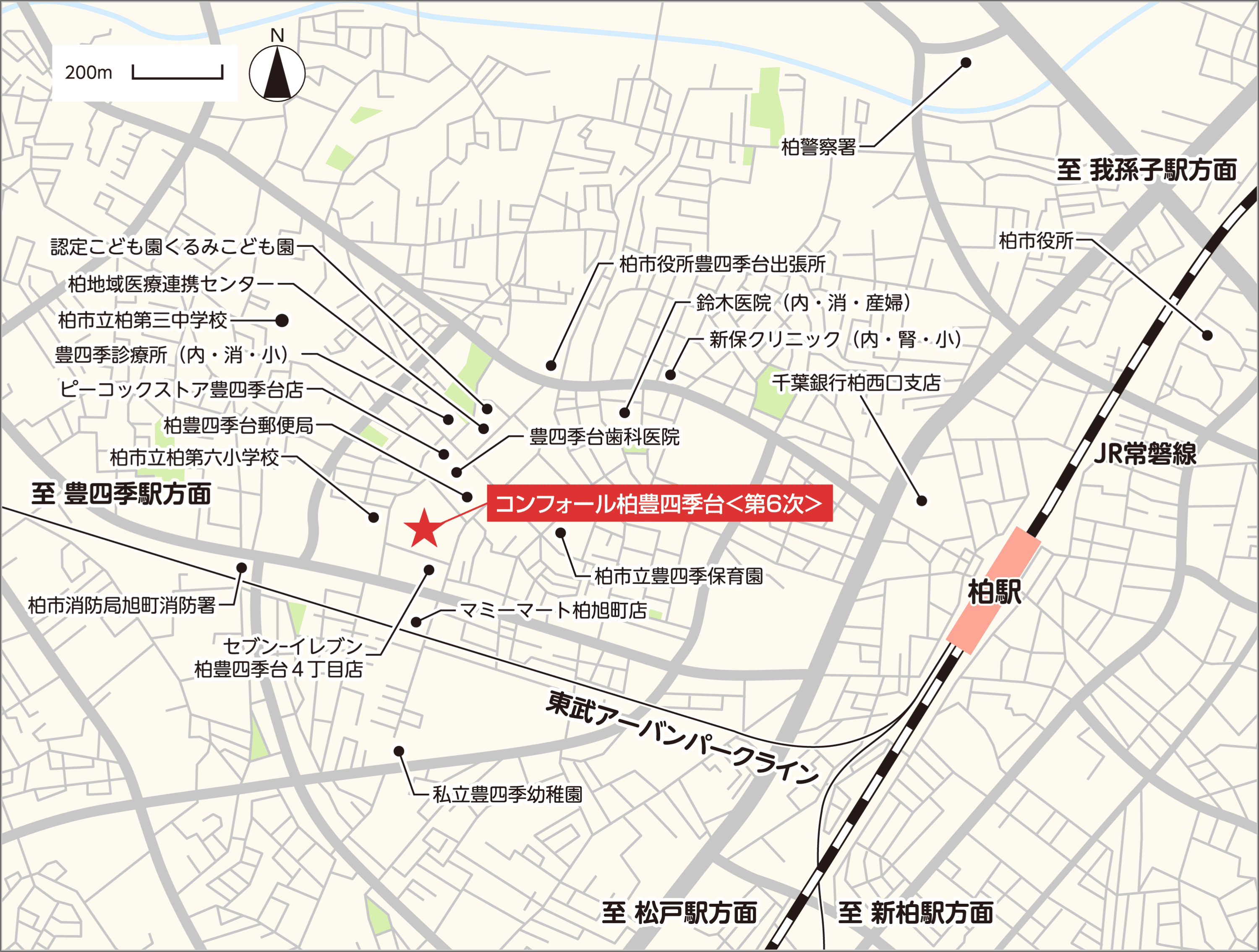 コンフォール柏豊四季台＜第６次＞の周辺地図。物件は豊四季台団地敷地内に位置しており、周辺には医療施設、郵便局、商業施設、保育園、小学校などがあります。最寄駅は「柏」駅です。