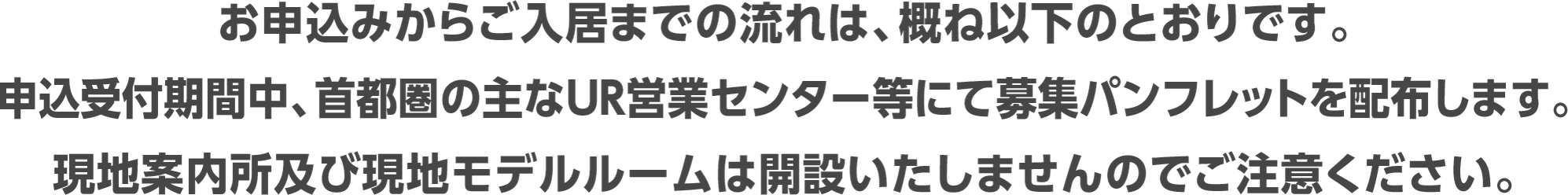 UR賃貸住宅のお申込みからご入居までの流れは、概ね以下の通りです。申込受付期間中、首都圏の主なUR営業センター等にて募集パンフレットを配布します。現地案内所及び現地モデルルームは開設いたしませんのでご注意ください。