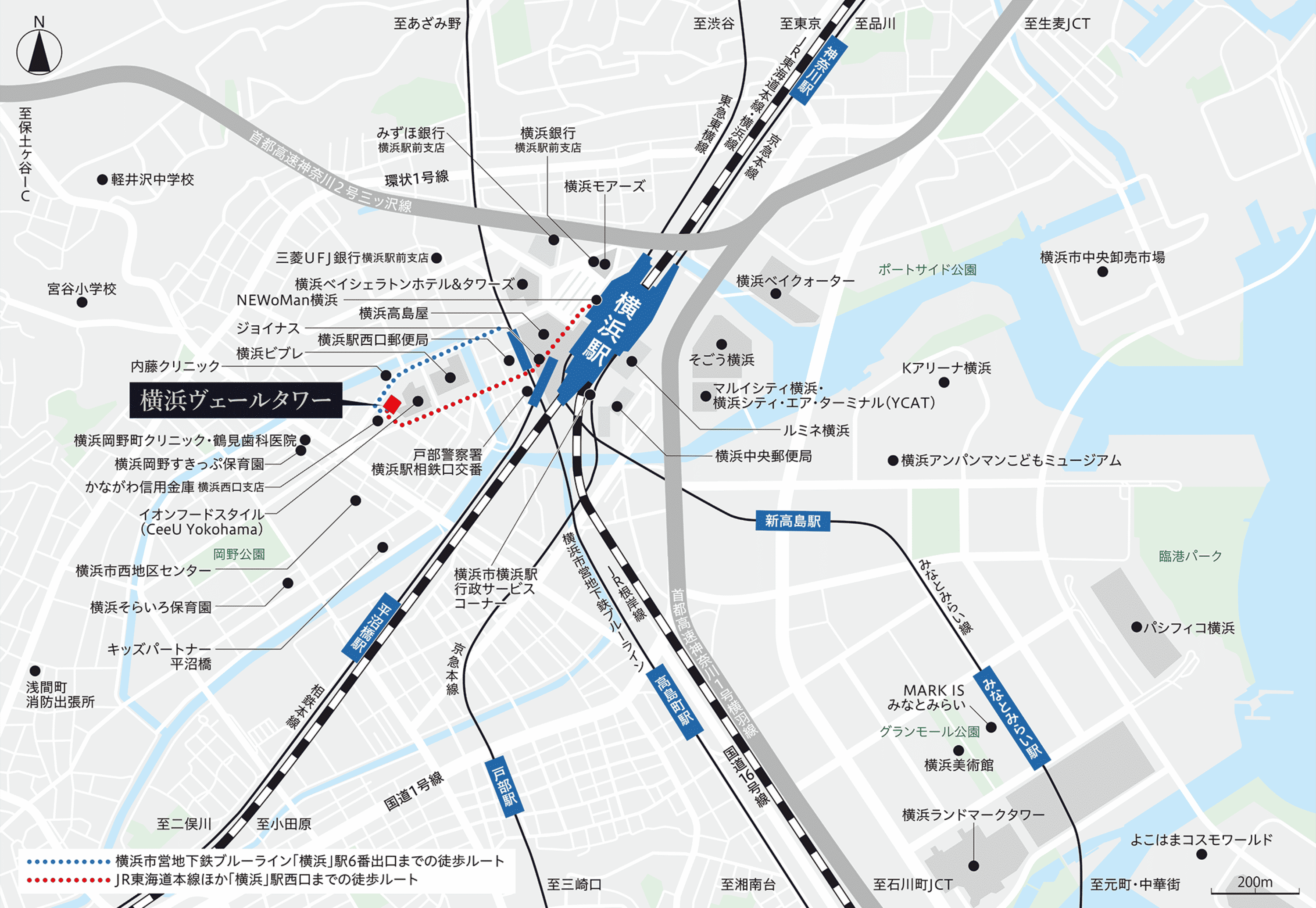 横浜ヴェールタワーの周辺案内図。横浜市営地下鉄ブルーライン「横浜」駅6番出口まで徒歩5分。JR東海道本線・京浜東北線・根岸線・横須賀線・湘南新宿ライン、東急電鉄東横線、京浜急行電鉄本線、相模鉄道本線、横浜高速鉄道みなとみらい線「横浜」駅西口までは徒歩8分。周辺には、商業棟である横浜ヴェールスクエアCeeUがあり、ほかにも飲食店、郵便局、サービス施設がそろっており利便性抜群です。