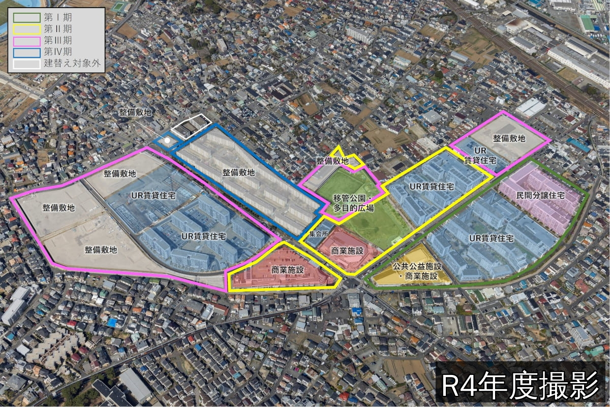 再開発エリアの航空写真、R4年度撮影。第Ⅰ期は移転公園・多目的広場や整備敷地、第Ⅱ期はUR賃貸住宅と整備敷地、第Ⅲ期は商業施設と整備敷地、第Ⅳ期はUR賃貸住宅、商業施設、公営公社住宅、民間分譲住宅を含む。駅周辺から段階的に整備が進む流れを示す