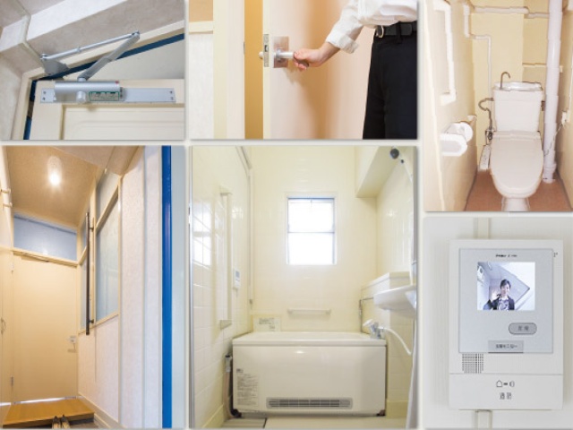 改修された住宅の扉、トイレ、玄関、浴室、インターフォン