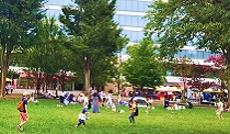 都会の公園（公共空間）でくつろぐ人々の写真