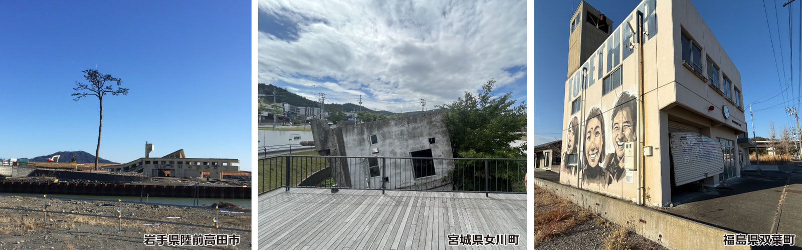 岩手県陸前高田市、宮城県女川町、福島県双葉町