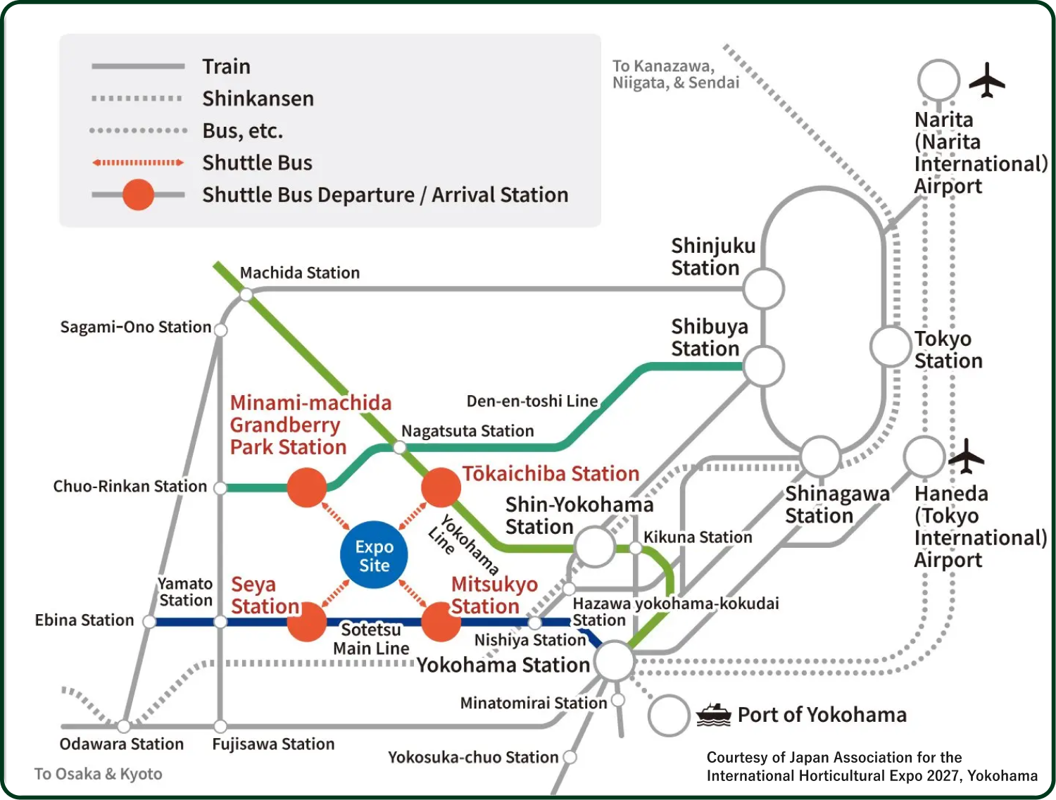 GREEN×EXPO 2027のアクセスマップ。主要駅からシャトルバス発着駅（十日市場、瀬谷、三ツ境、南町田グランベリーパーク）を経由して会場へ至る路線図。 提供：GREEN×EXPO協会
