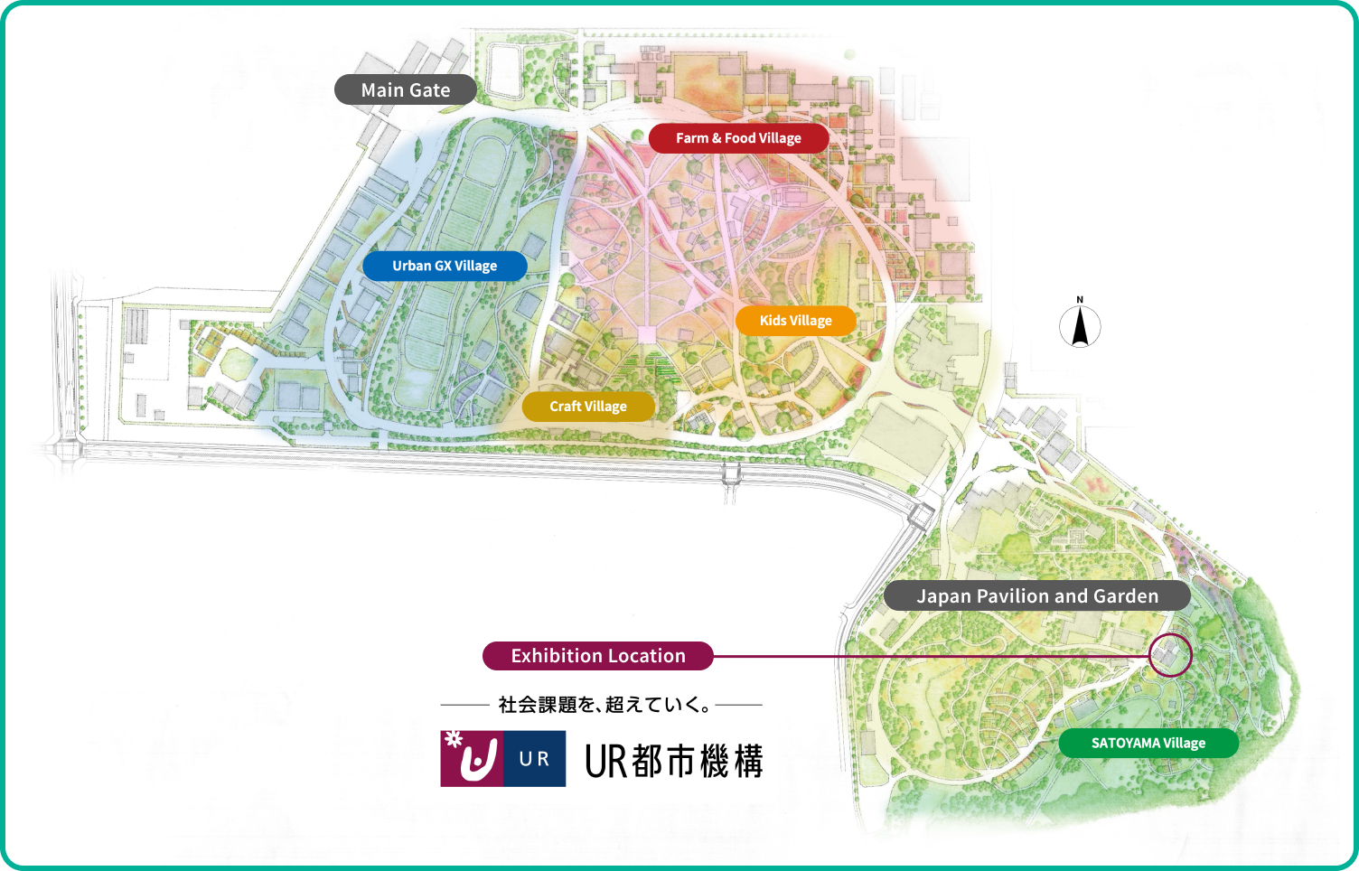 GREEN×EXPO 2027の会場内マップ。各ヴィレッジの配置と、UR都市機構の出展場所を示す地図。