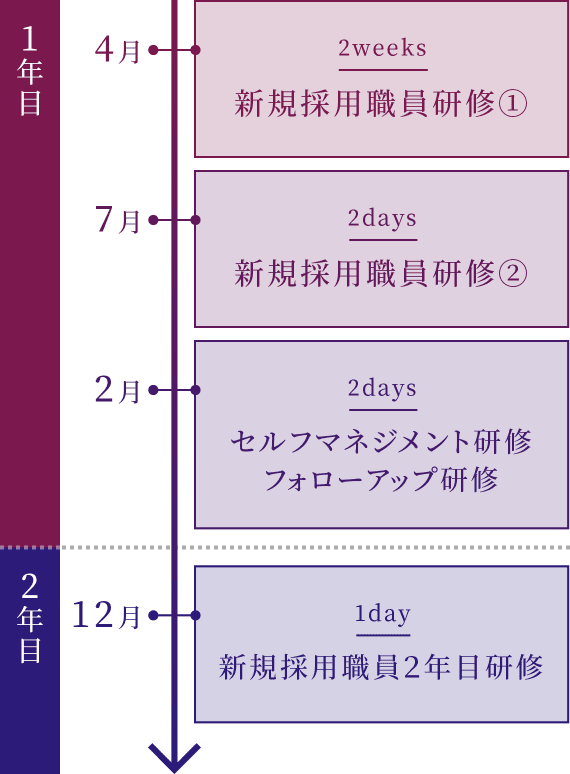 1年目 4月 新規採用職員研修1、7月 新規採用職員研修2、2月 セルフマネジメント研修フォローアップ、2年目 12月 新規採用職員2年目研修