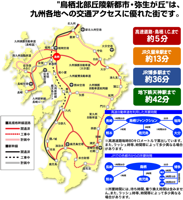 鳥栖北部丘陵新都市弥生が丘は、九州各地への交通アクセスに優れた街です。