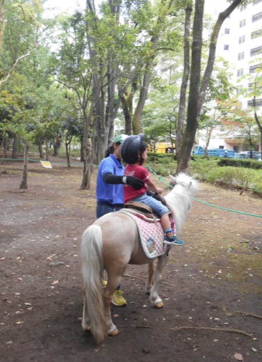 ポニー乗馬体験をしている写真