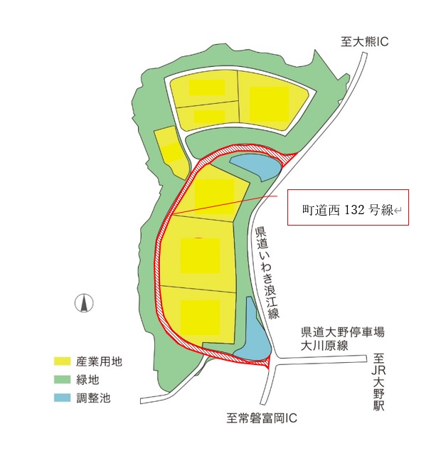 県道いわき浪江線へ続く開通した町道西132号線を示した図