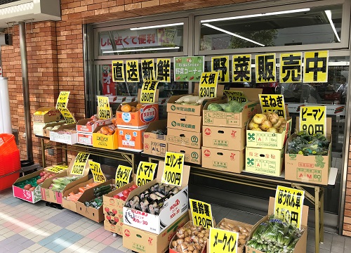 直送新鮮野菜が店頭で並んでいる写真
