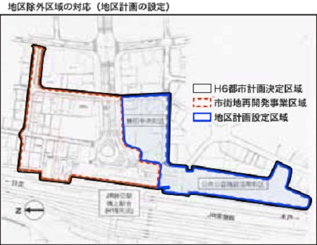 地区除外区域の対応(地区計画の設定)　市街地再開発事業区域を縮小するとともに、保留床の処分性を高めた計画に見直しをしました。