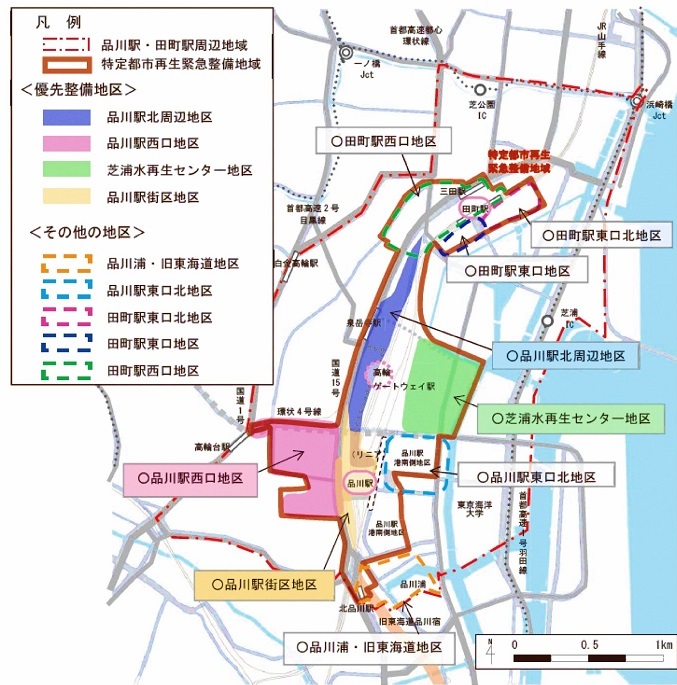 品川駅周辺の優先整備地区のイメージ図面、優先整備地区として、品川駅北周辺地区、品川駅西口地区、芝浦水再生センター地区、品川駅街区地区がある。