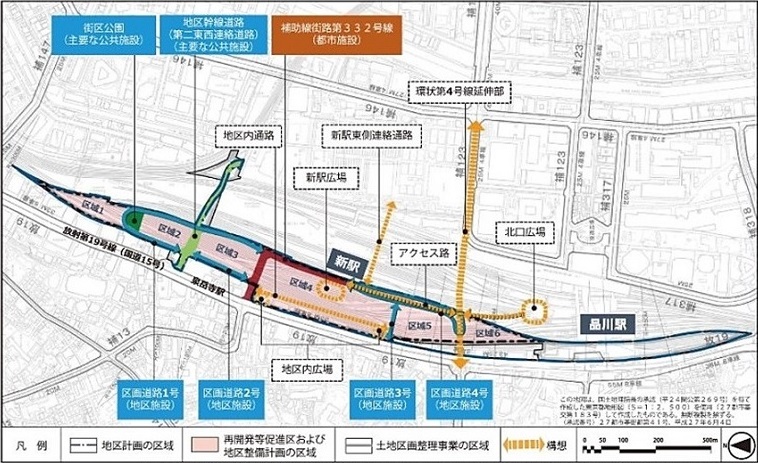 品川駅周辺地区における都市計画の概要イメージ図面。JR品川車両基地跡地における国際交流拠点形成と品川駅周辺地区における段階的なまちづくりを推進するため、道路、公園等の都市基盤を先行整備し、国際都市に相応しい街区を形成する。 