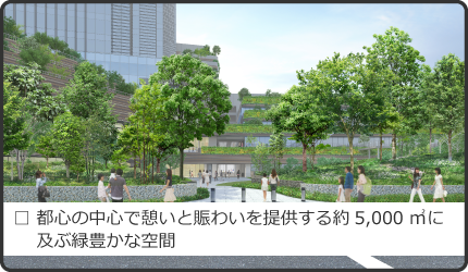 都心の中心で憩いと賑わいを提供する約5,000m²に及ぶ緑豊かな空間