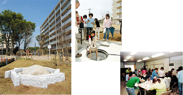 (左)「住塚(SUMIZUKA)」 (中央)「住塚(SUMIZUKA)」 に思い出の品を埋蔵 (右)アートワークショップの様子 石彫の体験