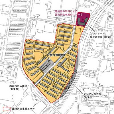 西大和団地再生事業区域図　団地再生事業エリアを示す