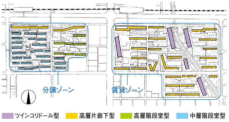 高島平の分譲ゾーンと賃貸ゾーンの図およびツインコリドール型、高層片廊下型、高層階段室型、中層階段室型の色分け