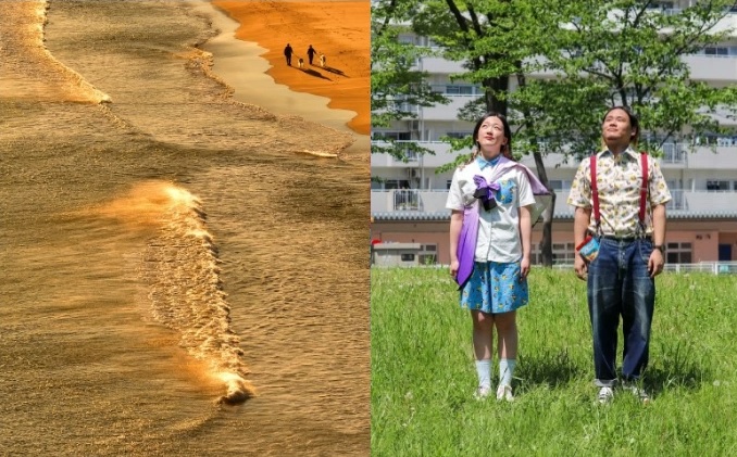 大賞作品の写真　左「暮れないの日常」黄金色に染まる福島県いわき市の海岸　右「春の日差し」大谷田一丁目団地の芝生に立つ若い夫婦