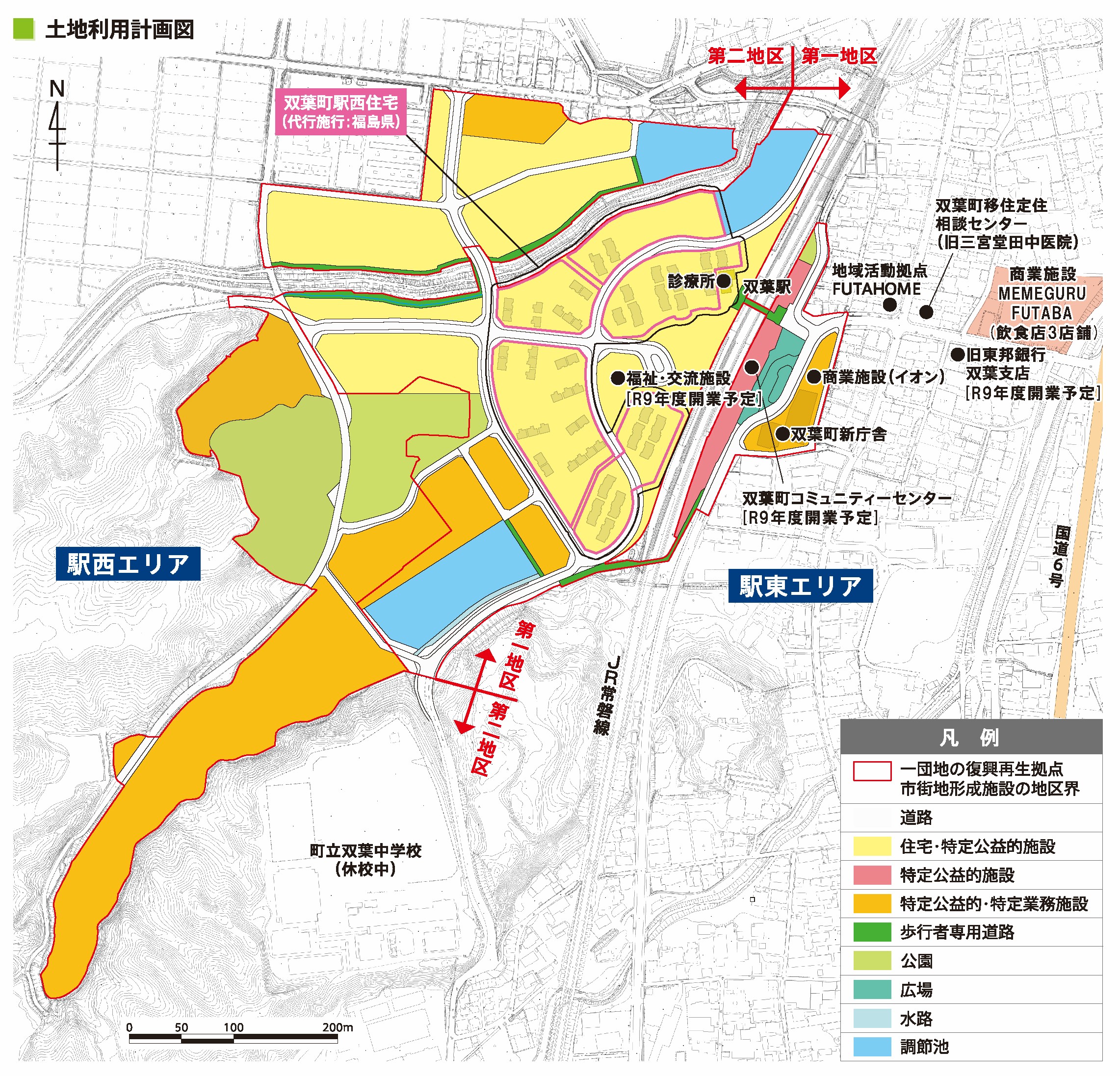 土地利用計画図。双葉駅周辺を中心に駅西エリアと駅東エリアが色分けされ、住宅、公共施設、公園、水路などの用途が示されている。主要施設として双葉駅、双葉町役場、双葉町産業交流センター、双葉町新庁舎、双葉町商業施設予定地、双葉町コミュニティセンター、地産地消拠点 FUTAHOME、双葉町商業施設（イオン）などが記載され、凡例で各色の用途が説明されている。
