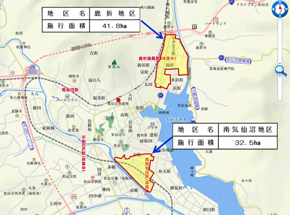 地図：気仙沼市鹿(ししおり)折地区及び南気仙沼地区