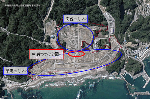 薄磯地区の全景。赤丸で囲った箇所が中街つつじ公園