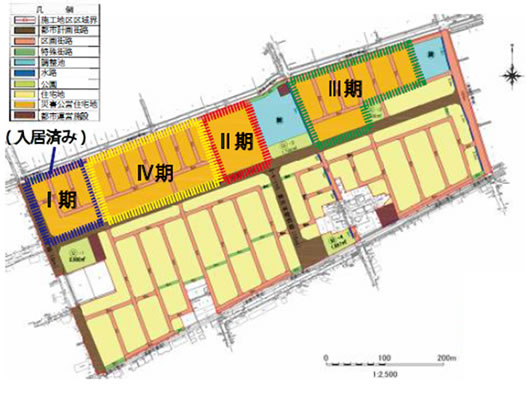 写真：あおい地区の計画概要。赤線で囲まれた部分が今回竣工した第2期