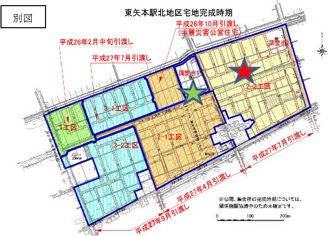 図：星マーク(赤)の場所にはあおい三丁目公園(子ども広場)、星マーク(緑)の場所にはあおい二丁目公園(健康・憩い広場)が配置されています