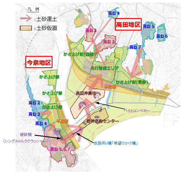今泉地区・高田地区の運土計画図（図面は平成26年2月時点）