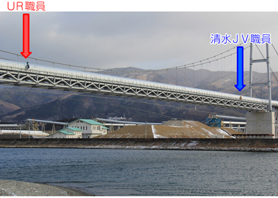 写真：トレッカーを背負って気仙川にかかる「希望のかけ橋」を渡るＵＲ職員と先導する清水ＪＶ職員