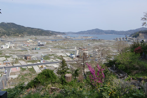 城山から見た大槌町町方（まちかた）地区の市街地。左端の茶色の建物が被災した町役場