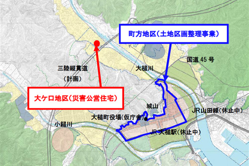 地図：災害公営住宅、土地区画整理事業