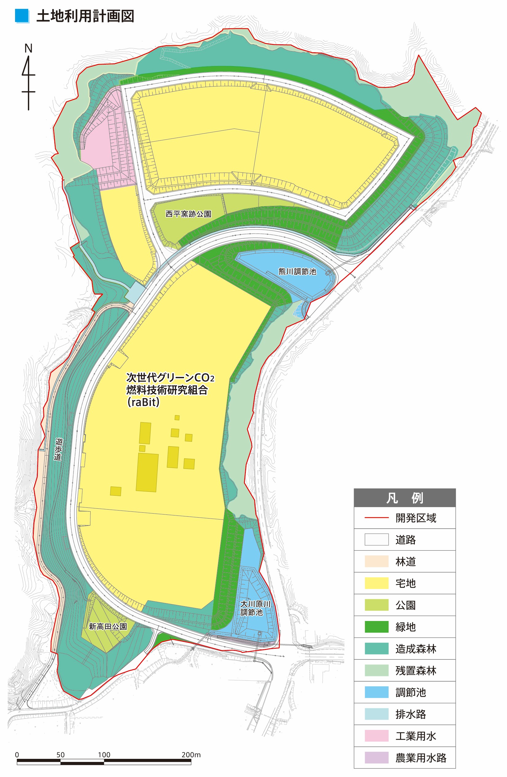 土地利用計画図。開発区域内に宅地、公園、緑地、林道、農業用水路などが色分けされ、次世代グリーンCO₂燃料技術研究組合（raBit）や広場、公園の位置が示されている。