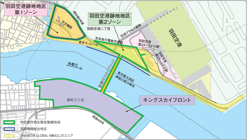 殿町三丁目地区の位置図です。羽田空港跡地地区南側、多摩川の対岸に位置しています。