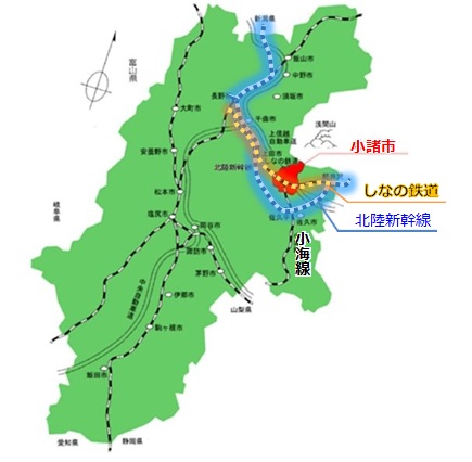長野県の地図に鉄道路線を表示。中央に小諸市、赤い線でしなの鉄道、青い線で北陸新幹線、小海線も記載。周囲には上田市、佐久市、東御市などの地名が含まれる。