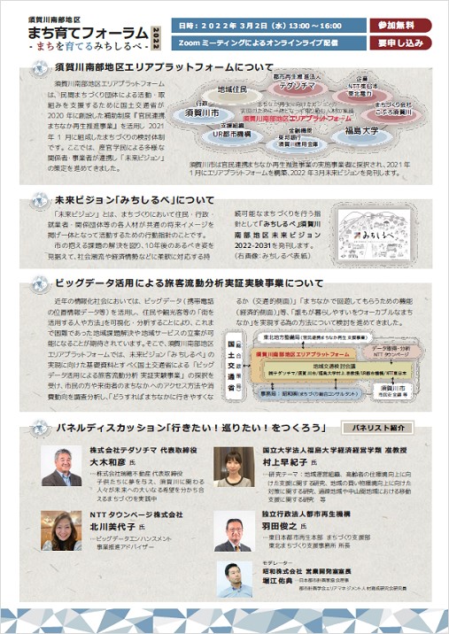 須賀川南部地区エリアプラットフォームについて、未来ビジョン「みちしるべ」について、ビッグデータ活用による旅客流動分析実証実験事業について、パネルディスカッション「行きたい！めぐりたい！つくろう」