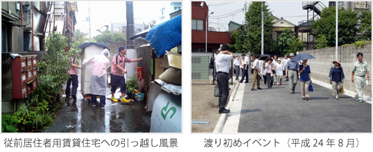 従前居住者用賃貸住宅への引っ越し風景と、渡り初めイベント（平成24年8月）